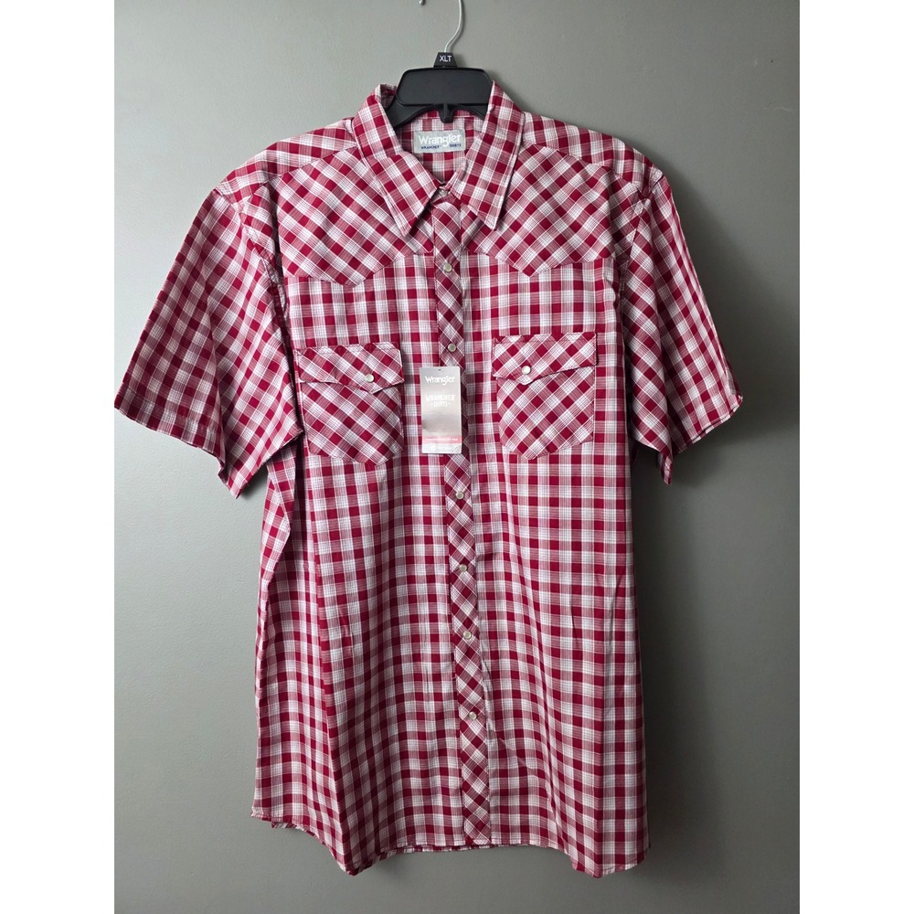 Wrangler Wrancher Mens XL Tall Red White Plaid Short Sleeve Western Snap Shirt